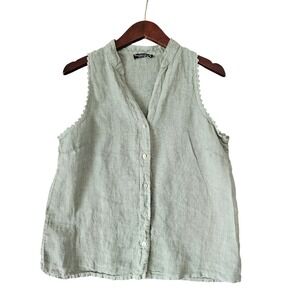Francesca Bettini Sleeveless Sage Green Linen Button Top sz M Embroidered Trim